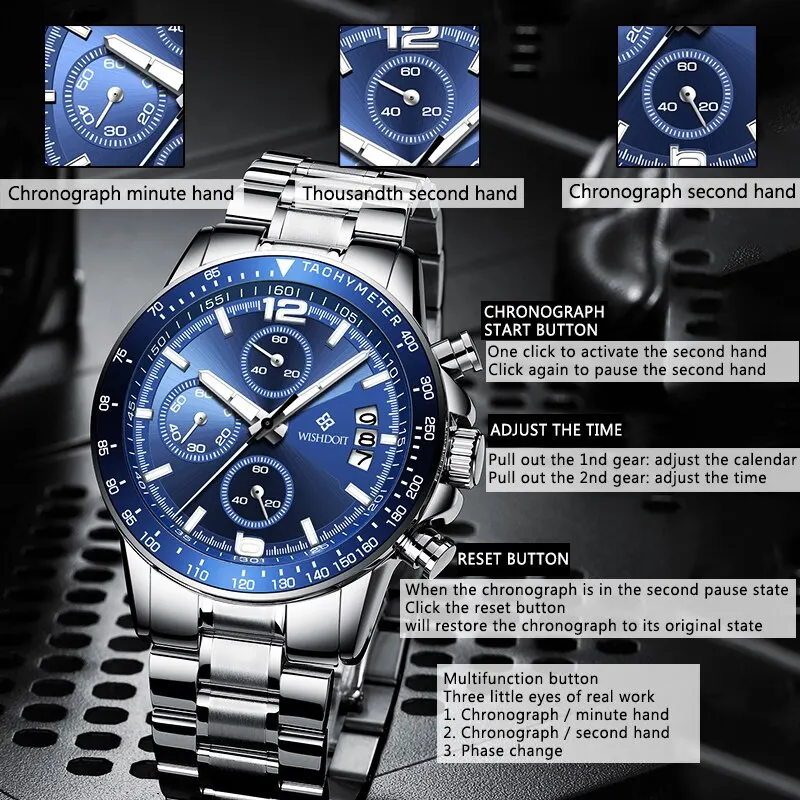 WISHDOIT Original Watch for Men Waterproof Stainless Steel Metal Strap Multifunction Chronograph Fashion QuartzAnalog Wristwatch