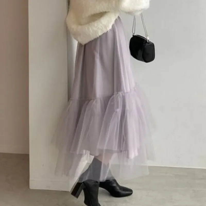 

Mesh Layered Irregular Solid Color Women Skirts Fluffy High Waist Tiered Pleated Skirt 2024 Spring All-match Elegant Female Jupe