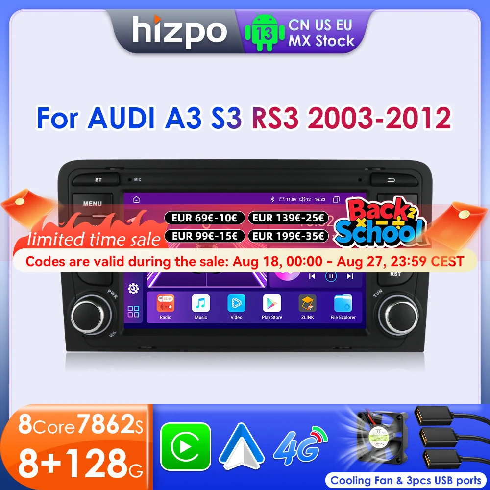 Hizpo 7 Android Auto Radio per Audi A3 8P 2003-2012 S3 RS3 Carplay Car Multimedia RDS GPS 2din Autoradio AI Voce 8 Core 7862