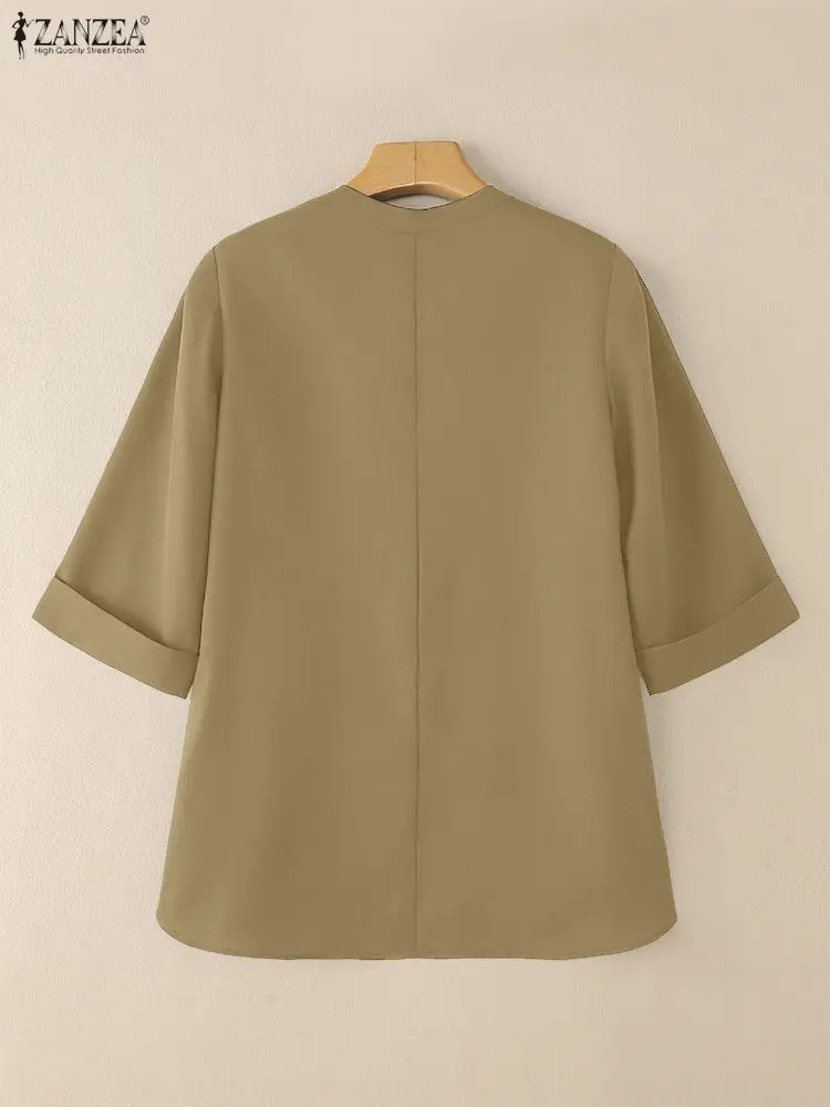 เสื้อเบลาส์ฤดูร้อน ZANZEA 2025 เสื้อทำงานผู้หญิงสไตล์หรูหรา เสื้อลำลองแขน 3/4 สีพื้น เสื้อผู้หญิงติดกระดุมสไตล์วินเทจ
