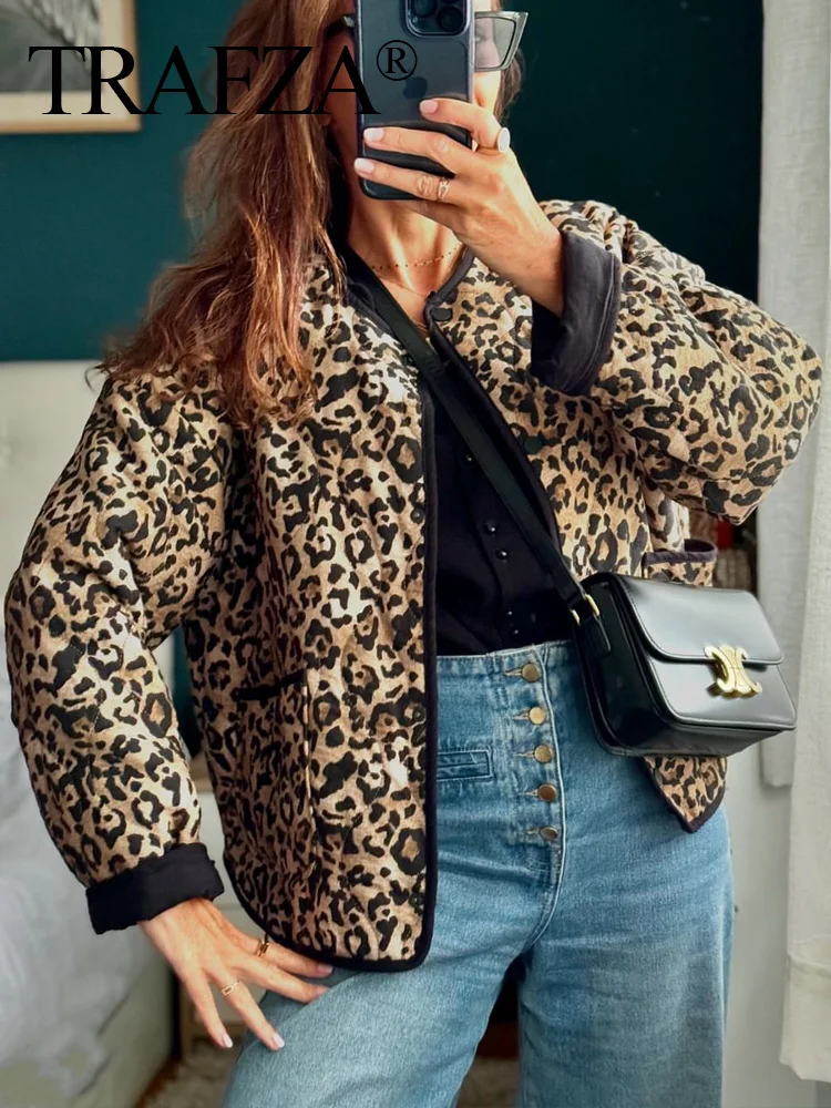 TRAFZA 2024 Women Leopard Print Padded Jacket Vintage Crop Long Sleeve O-Neck Loose Quilted Coat Warmth Padded Jacket Outerwears