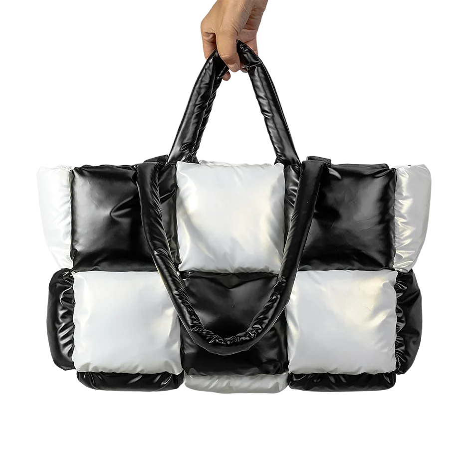 Nuova borsa tote a griglia in bianco e nero per donna Borsa a tracolla in cotone imbottito morbida e leggera