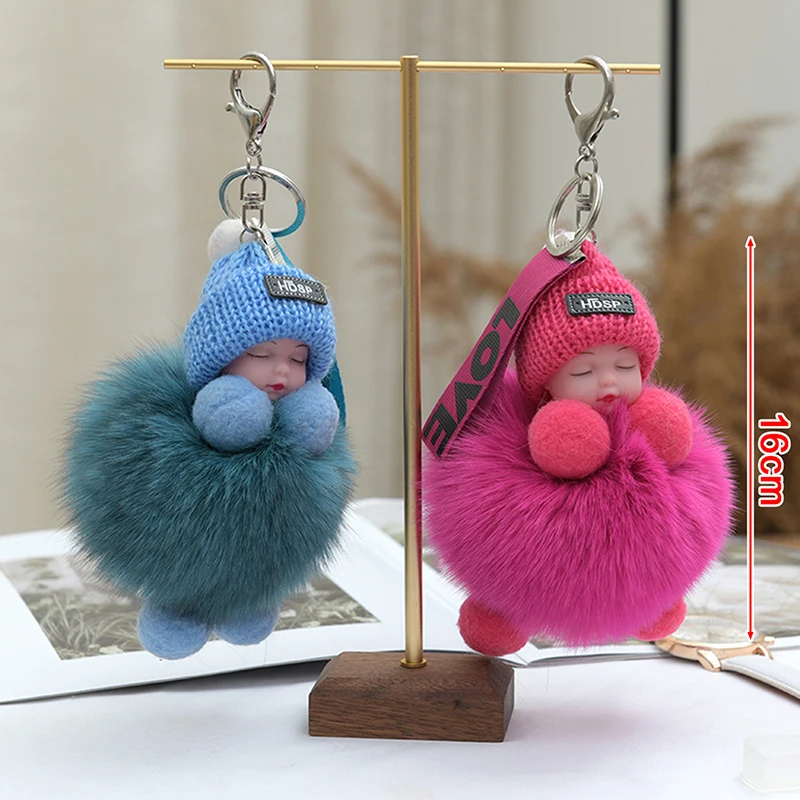 LLavero de bebé durmiendo con pompón, llaveros de muñeca de felpa esponjosa, llaveros de bolsos para mujeres y niñas, llaveros de coches, regalo de decoración encantador