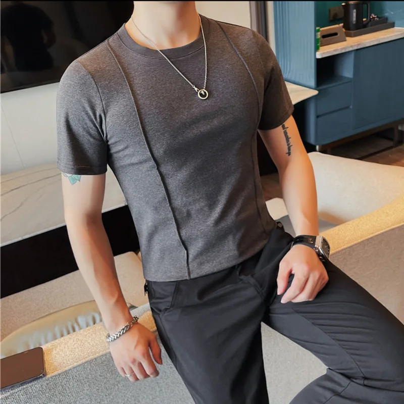 2024 Summer New Men's Round Neck Solid Color Thin Elastic Short sleeved T-shirt Slim Fit Fashion Pi Shuai British T-shirt S-4XL