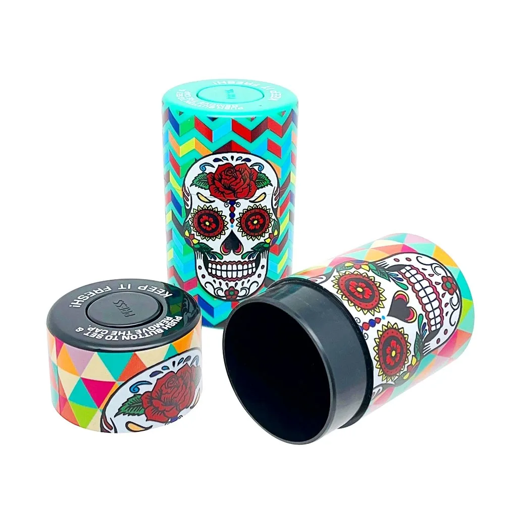 Plastic Air Tight Can-Stash Vacuum Container for Sealed Spice, Tobacco with Tie Dye Skull