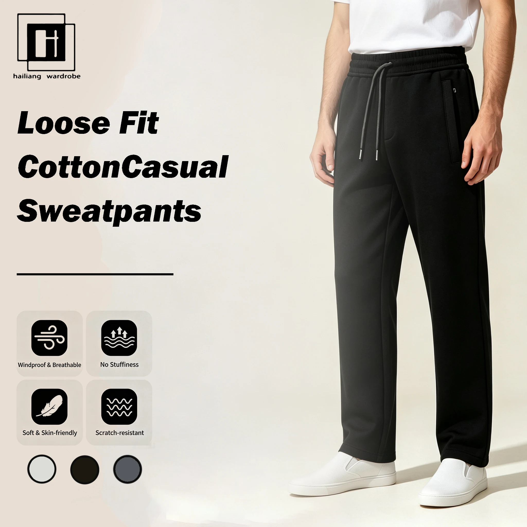 Men Autumn Straight Sweatpants Drawstring Elastic Waist Zipper Pocket Loose Casual Trousers 3D Cutting Streetwear Joggers