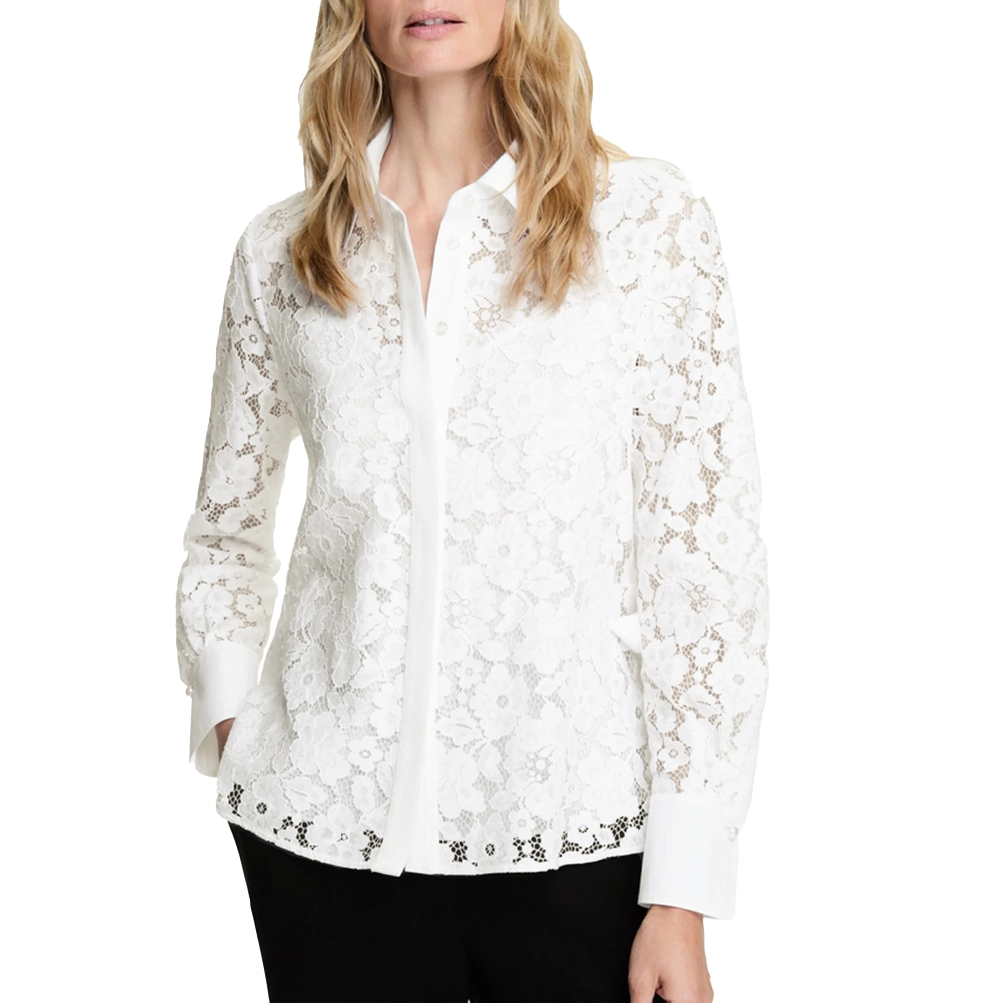 New Women Shirts White Elegant Casual Tops Single Breasted Hollow Lace Decoration Long Sleeve Fashion Office Ladies Shirt