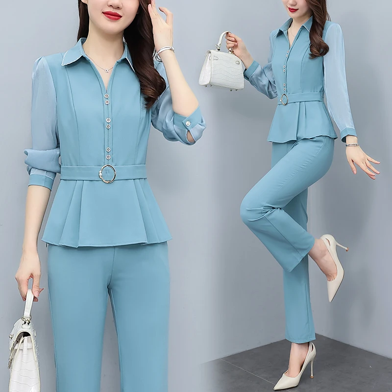 Women Spring Autumn Pants Sets 2023 New Fashion Turn Collar Patchwork Button Ruffles Top Female Elegant 2 Pieces Outfits