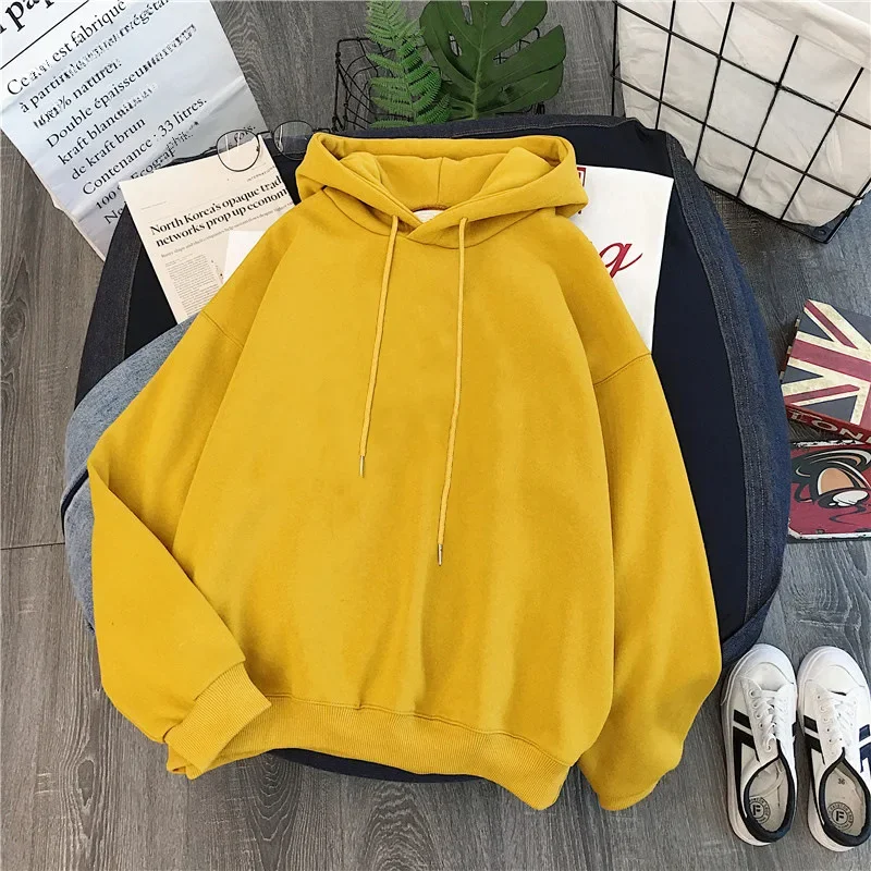 Thickened Fleece Women Hoodie Sweatshirt Solid Color Long Sleeve Pullover Yellow Jacket Autumn Winter Ladies Clothing