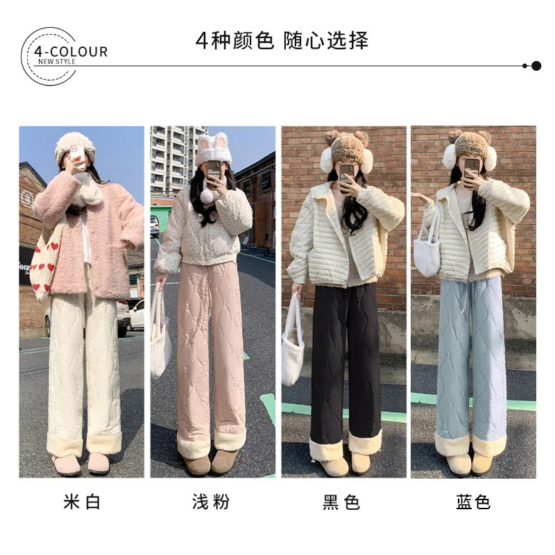 Women Fleece Lined Cotton Pants Winter Warm Windproof Straight Wide Leg Trousers Outdoor Wear  panatalones de mujer PT-651