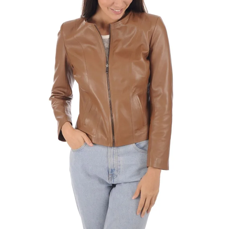 

SEXY Women's Zipper Front Collarless Real Lambskin Leather Jacket Casual Outwear