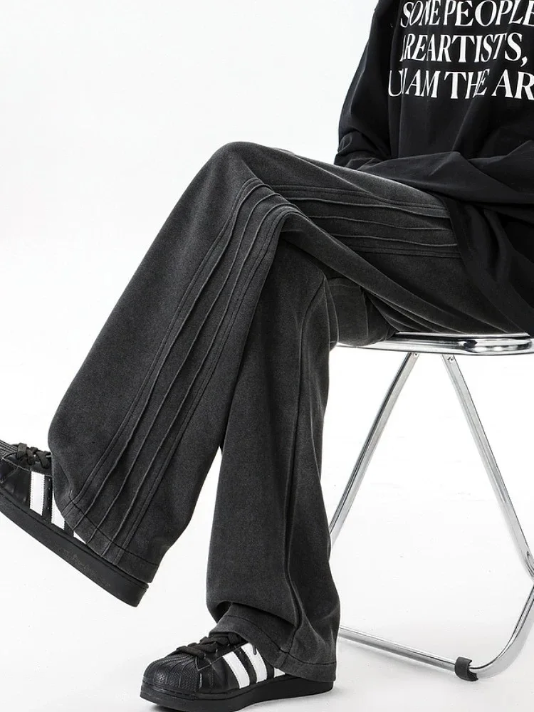 

Мужские свободные широкие повседневные брюки в стиле ретро с американской талией, драпированные спортивные штаны, осень-зима, модный брендовый дизайн в полоску, повседневные брюки...