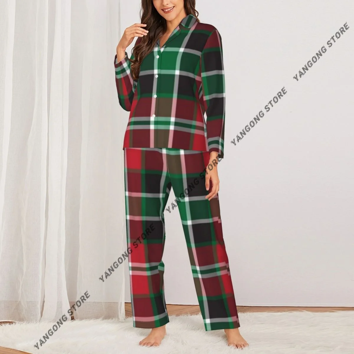 Women's Pajamas Long-sleeved Girl Loungewear Two-piece Set Classic Plaid Checkered Tartan Pattern Pajamas for Autumn Spring