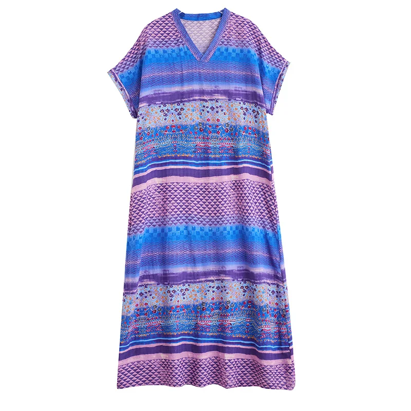 فضفاض مخطط على شكل حرف V دكتور للنساء مقاس كبير في منتصف العمر والأمهات Sle مزيج من القطن والكتان صيفي طويل Sve Dr #5