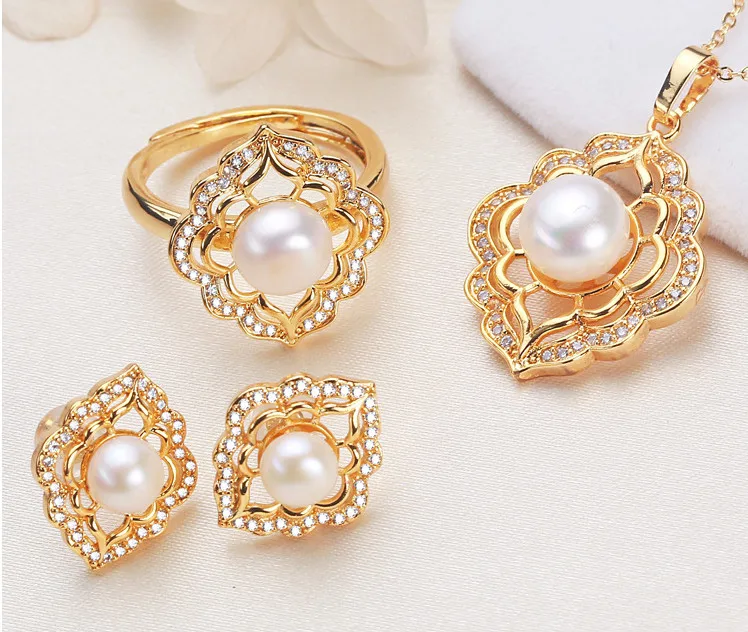 

Ladies Jewelry Set 9mm Freshwater Pearl Pendant Necklace Ring Earrings Set