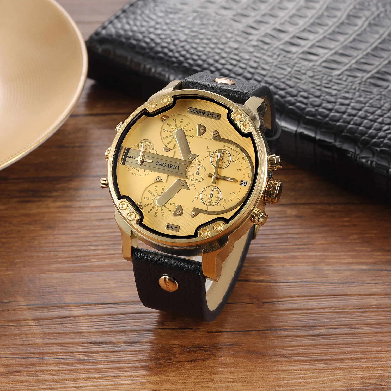 Dual Time Display Men's Watches Cagarny Brand Luxury Golden Big Dial Quartz Sport Wristwatch Boys Gifts Relogio Masculino