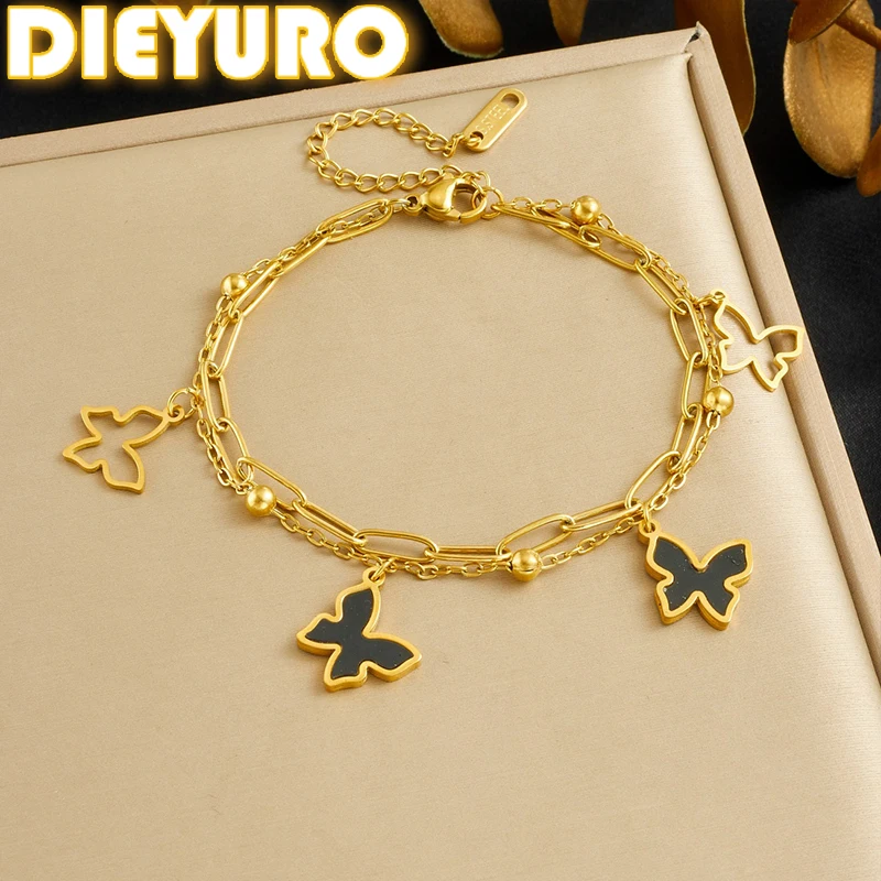 Edelstahl Schwarzes Gehäuse Schmetterling Goldene Hohle Schmetterlinge Doppelschicht-Armband Damen Neue Handgelenk-Kette Schmuck