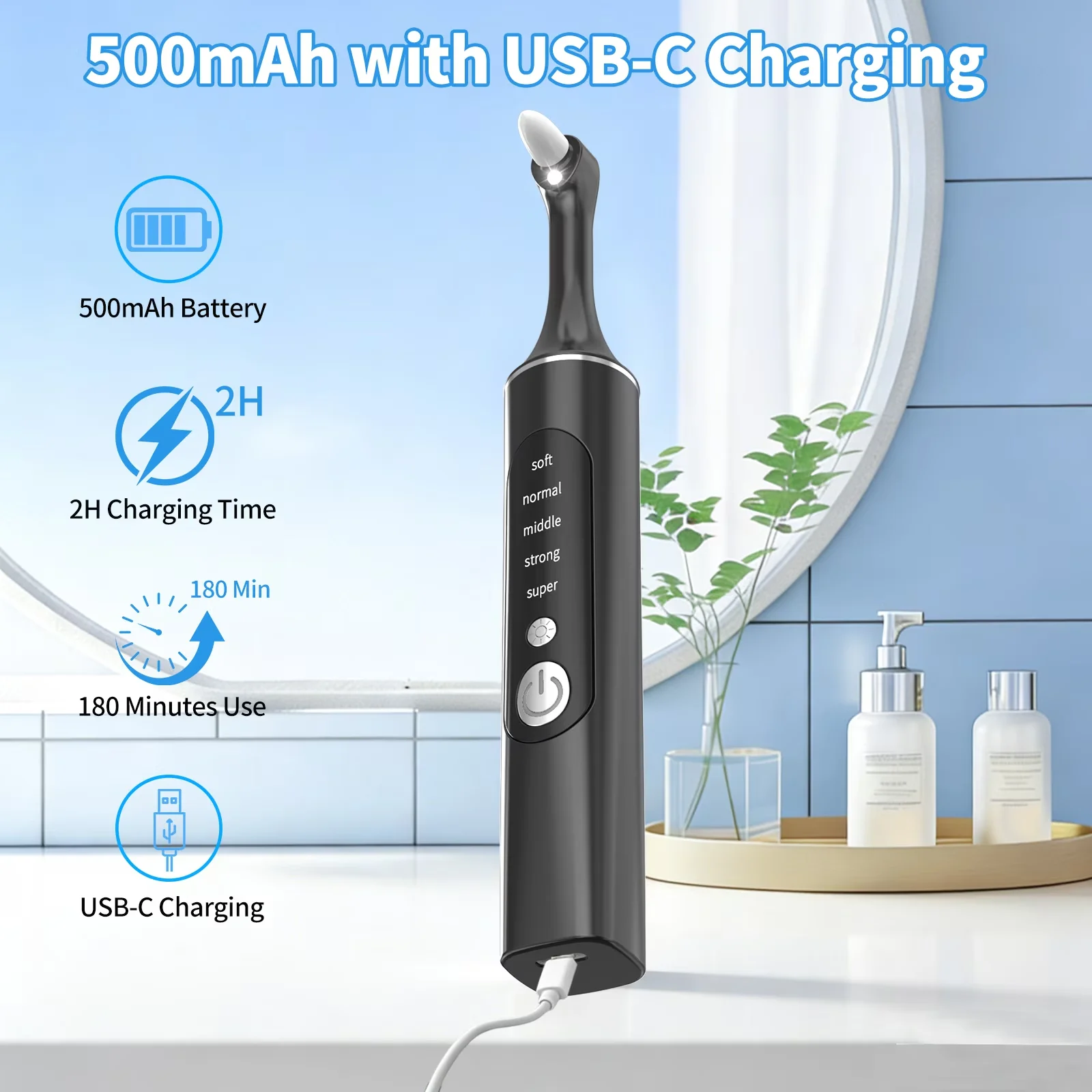 Tooth Polisher, Rechargeable Teeth Whitening Kit, for Teeth Cleaning and Whitening, Equipped with 6 Brush Heads & LED Light,