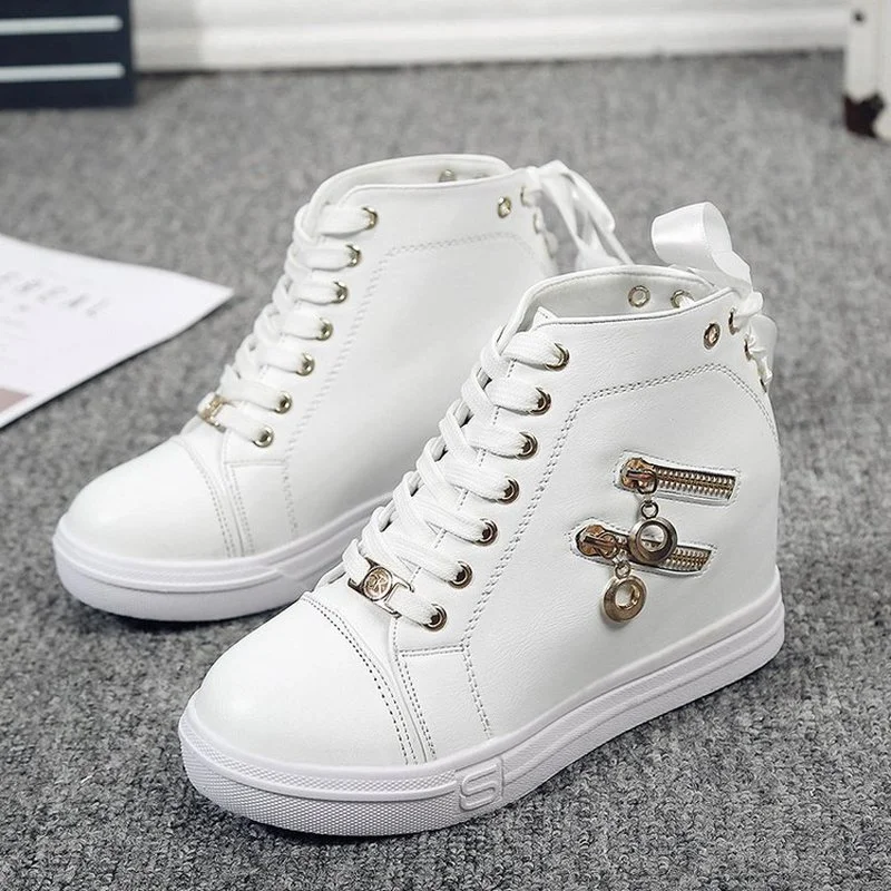 Comemore 2022 Spring New Inner Heightening Women\'s Platform Shoes Casual Shoes White High Top Sneakers Short Leather Ankle Boots