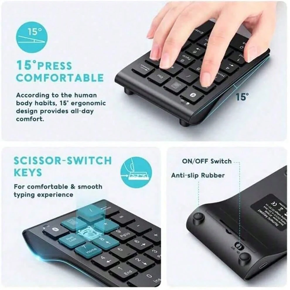 Rechargeable Bluetooth Wireless Numeric Keypad for Windows/Mac OS,Portable Slim 22-Keys External Mini Numpad Keyboard-Black