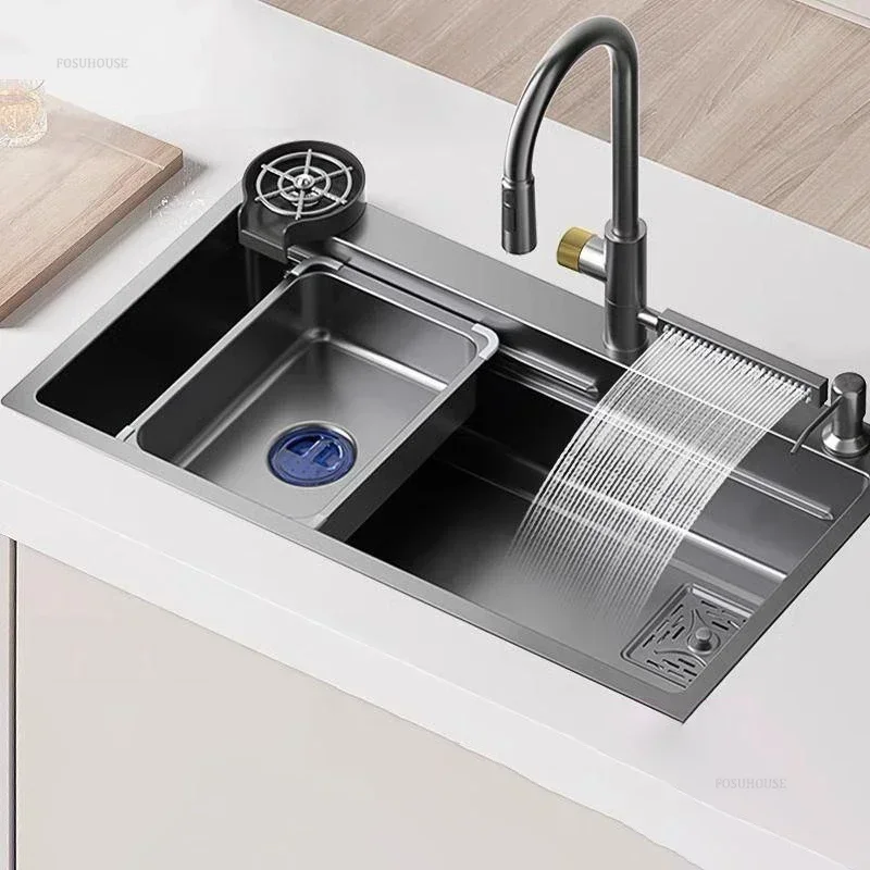 

Stainless Steel Kitchen Sink Large Single Sink Household Washbasin Waterfall Digital Display Countertop Basin Washbasin Home