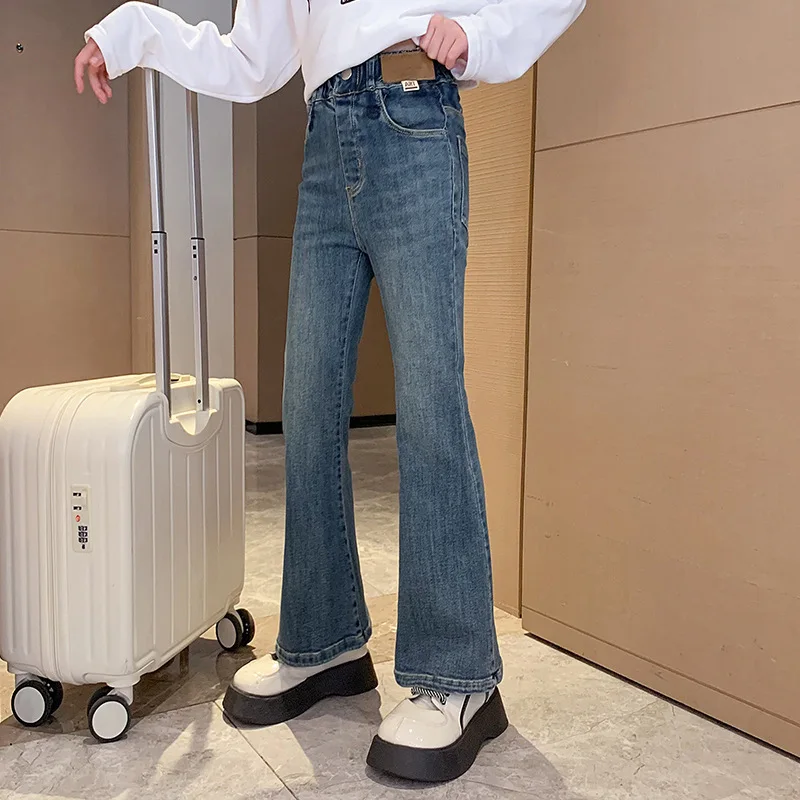 

2026 kids baby Girls spring jeans elastic child bell-bottoms striped slim pants denim SUMEMR trousers 4 8 10 11 12 13 years