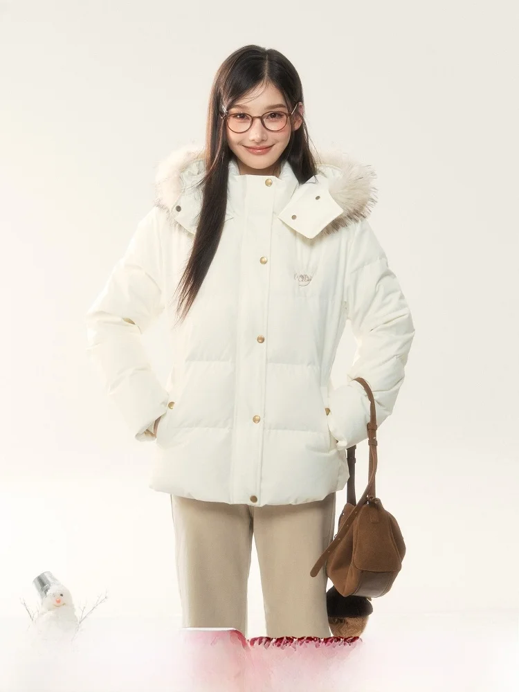 

Korean Sle White Du down Jaet Women's Thiened ort Coat High Waist Warmth Bfle ket Non Detachable Hood