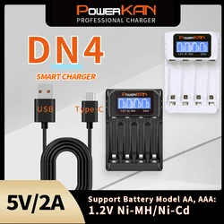 POWERKAN-DN4 Carregador de bateria com LCD, display de carregamento para 4 baterias AA AAA de 1.2V NiMH Cd, cabo USB tipo C