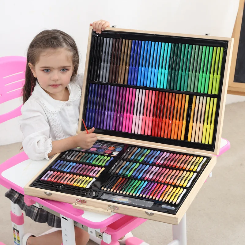 Wooden Kids Art Set with Watercolor Pens Crayons Oil Pastels and Gouache, Portable Drawing Kit in Gift Box for Kindergarten