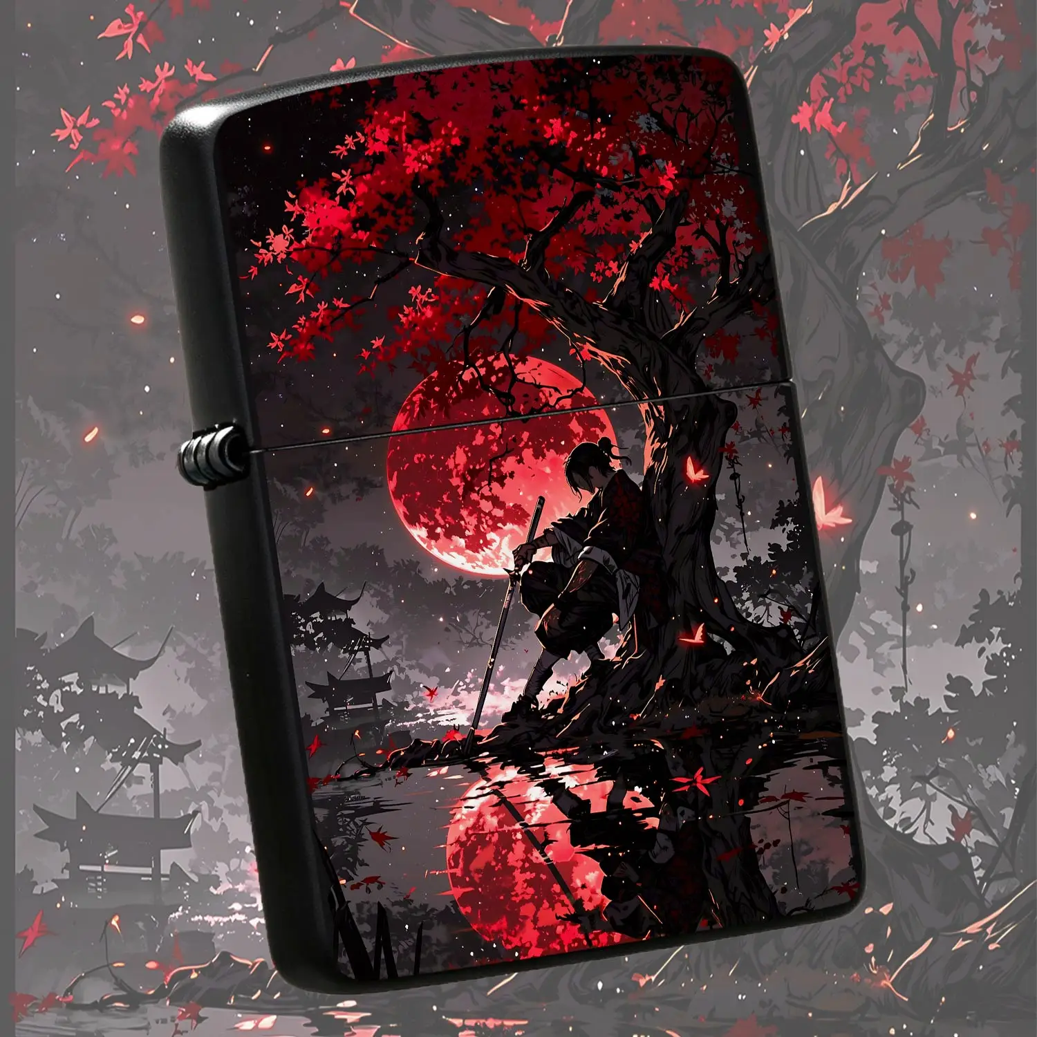 Japanese Style Blood Moon Samurai Under Red Maple Tree Lighter, Aesthetic Edo Period Art Print Portable Igniter, Ideal For Daily Use Outdoor Camping Home Decor, Unique Themed Festival Gift For Anime Art Lovers A Humorous And Interesting Lig