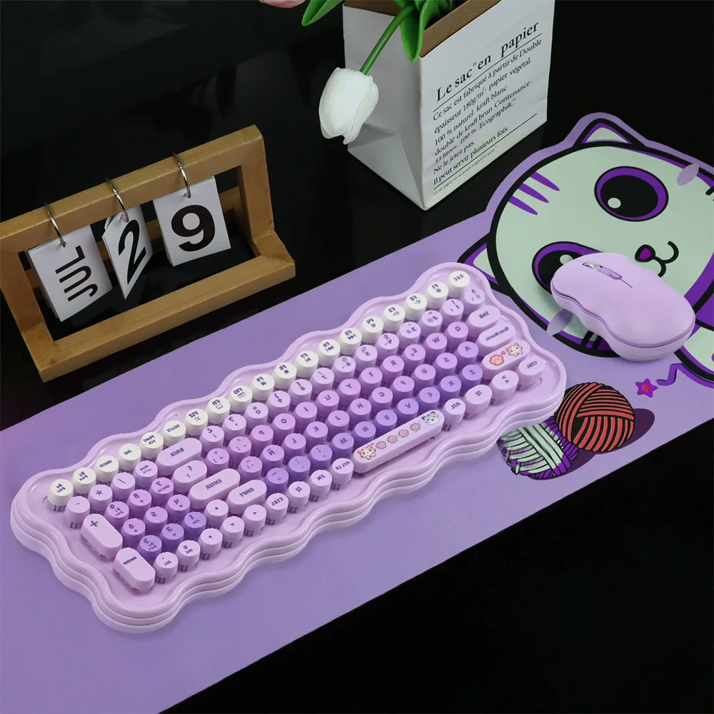 NEW 98 key Cat Wireless keyboard and mouse set cartoon Colorful Cute Girl Wireless Office Gaming Keyboard Mouse Round keycap