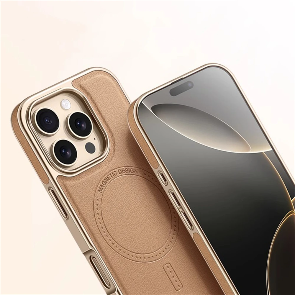 Luxury Business Plating Frame Leather Magnetic Back Case For iPhone 16 15 14 13 Pro Max Magsafe Wireless Charge Shockproof Cover