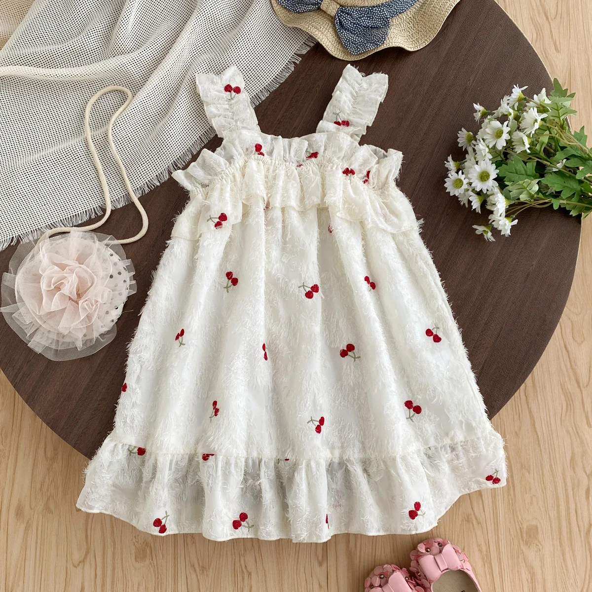 Europe and America Girls Princess Dresses Summer Cherry Embroidered Mushroom Edge Strap Dress Kid Sweet Clothes