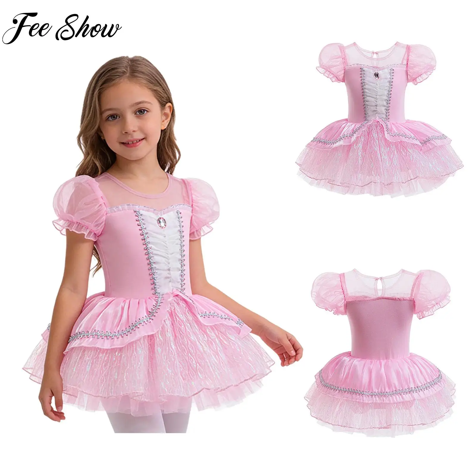 

Kids Girls Tutu Leotard Ballet Princess Dress Dance Party Performance Costume Short Puff Sleeve Tulle Dress with Built-in Briefs