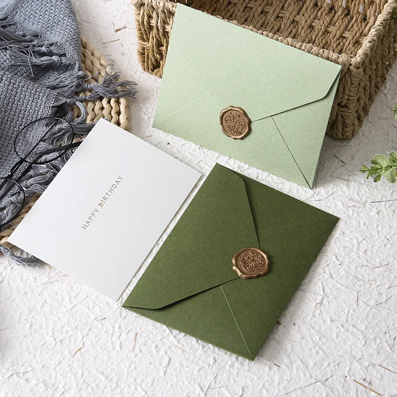 5pcs/set Retro Simplicity Green Color Envelopes Wax Stamp Seal Set Blessing Thanksgiving Invitation Envelope Printing Product