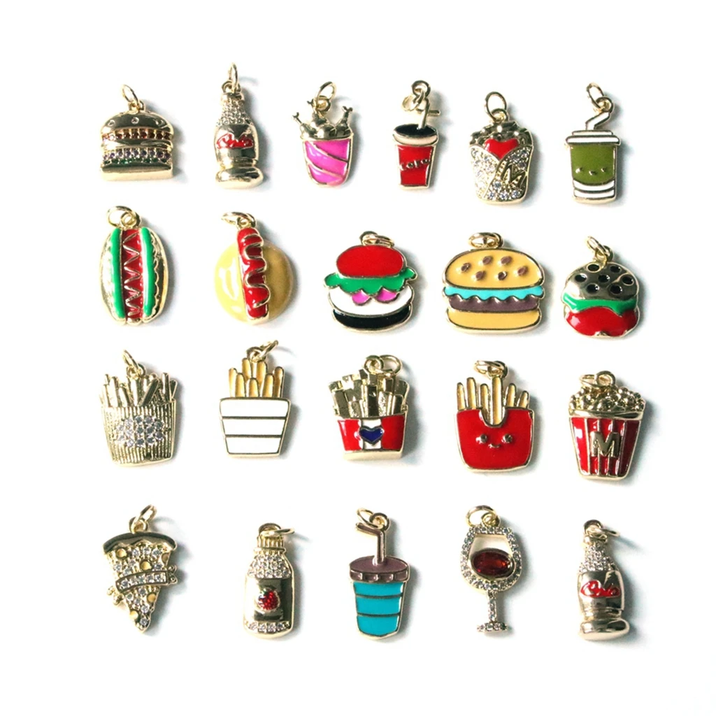 

10Pcs/New Enamel French Fries Pendant for Necklace Copper Gold Plated Star Hamburg Coffee Jewelry Making Supplies