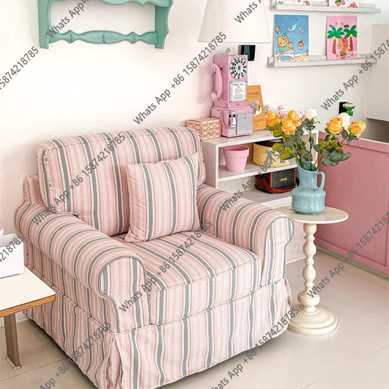 Nordic modern removable sofa French retro bedroom pink striped fabric single double sofa
