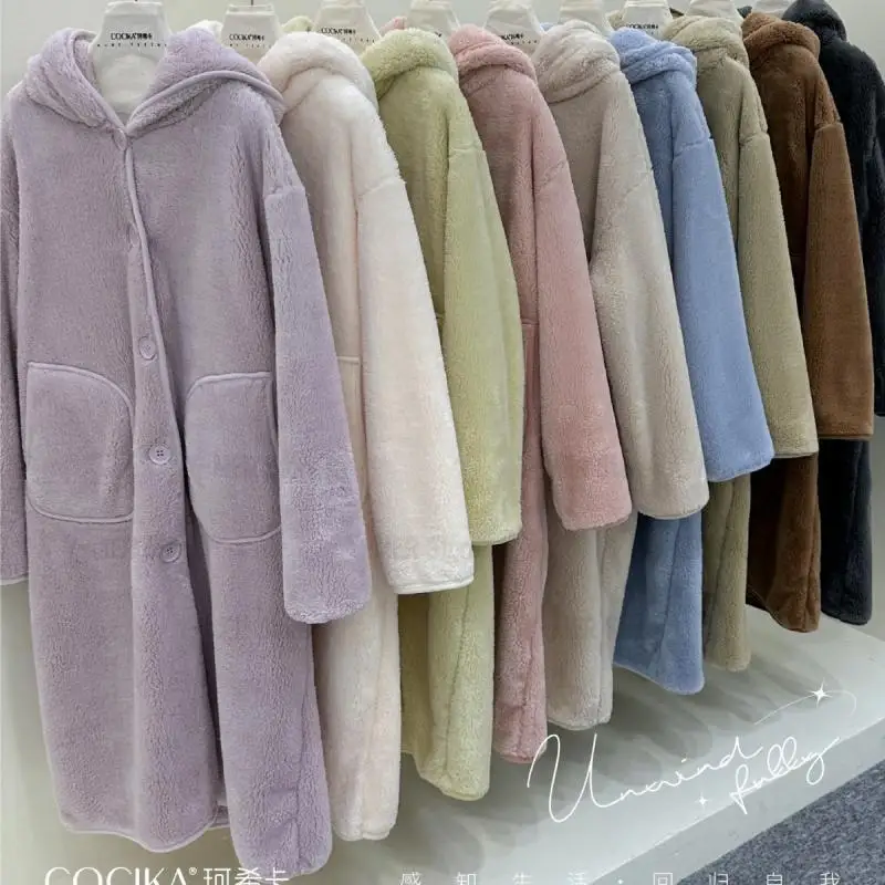 Winter Thicken Flannel Kimono Nightgown Long Loose Sleepwear Women Warm Home Clothes Hooded Nightdress Coral Fleece Loungewear