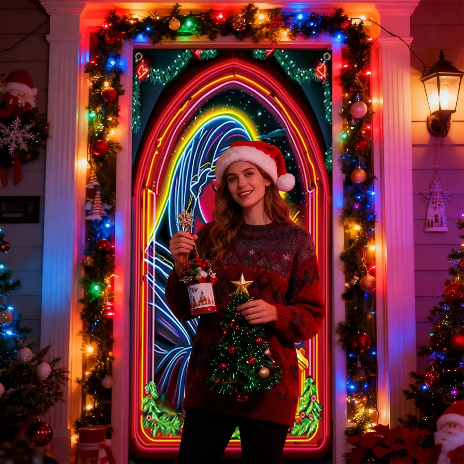 Christmas Front Door Decoration Cover Large Fluorescent Fabric Jesus Scene Covers Christmas Porch Sign Banner Decor For Indoor