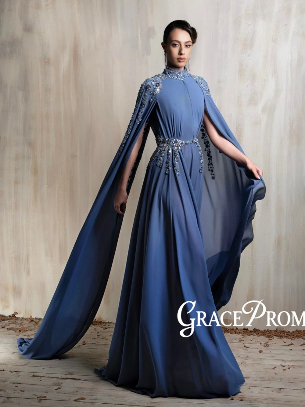 

Blue Sparkly Beaded Evening Dress Stylish Cape Sleeve Mother Of Bride Dress Customized Modest High Collar Red Carpet Gowns