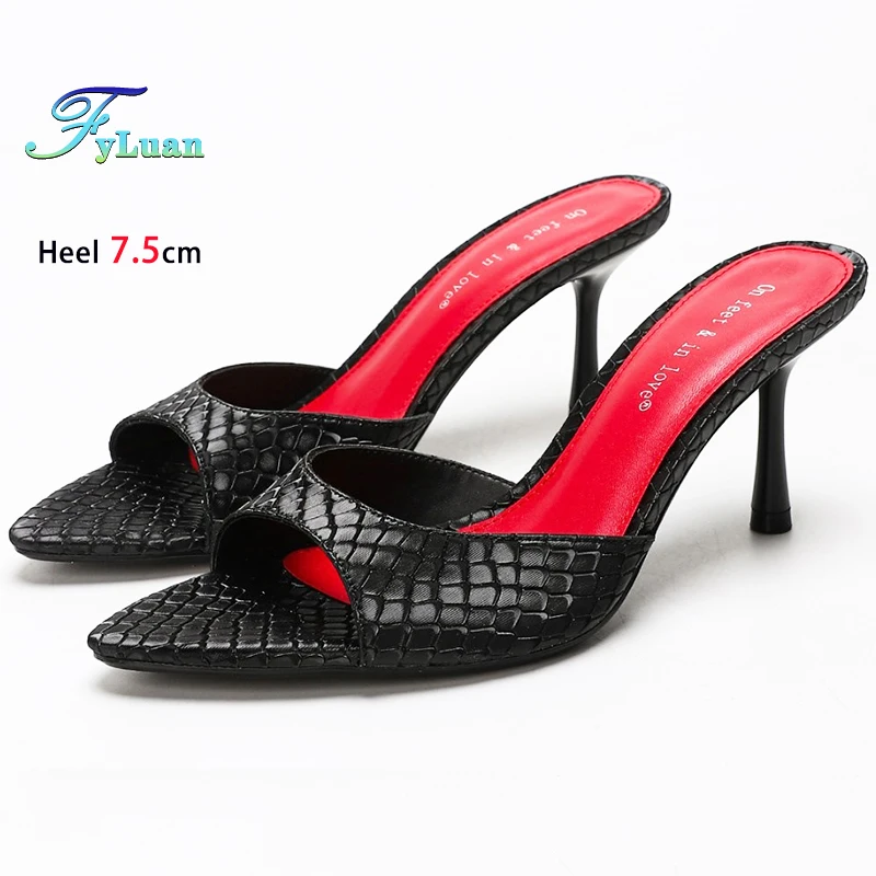 

Новые черные женские тапочки на высоком каблуке 7,5 см с узором «рыбья чешуя» на тонком каблуке с острым носком, женские туфли-лодочки с открытым носком, повседневная обувь