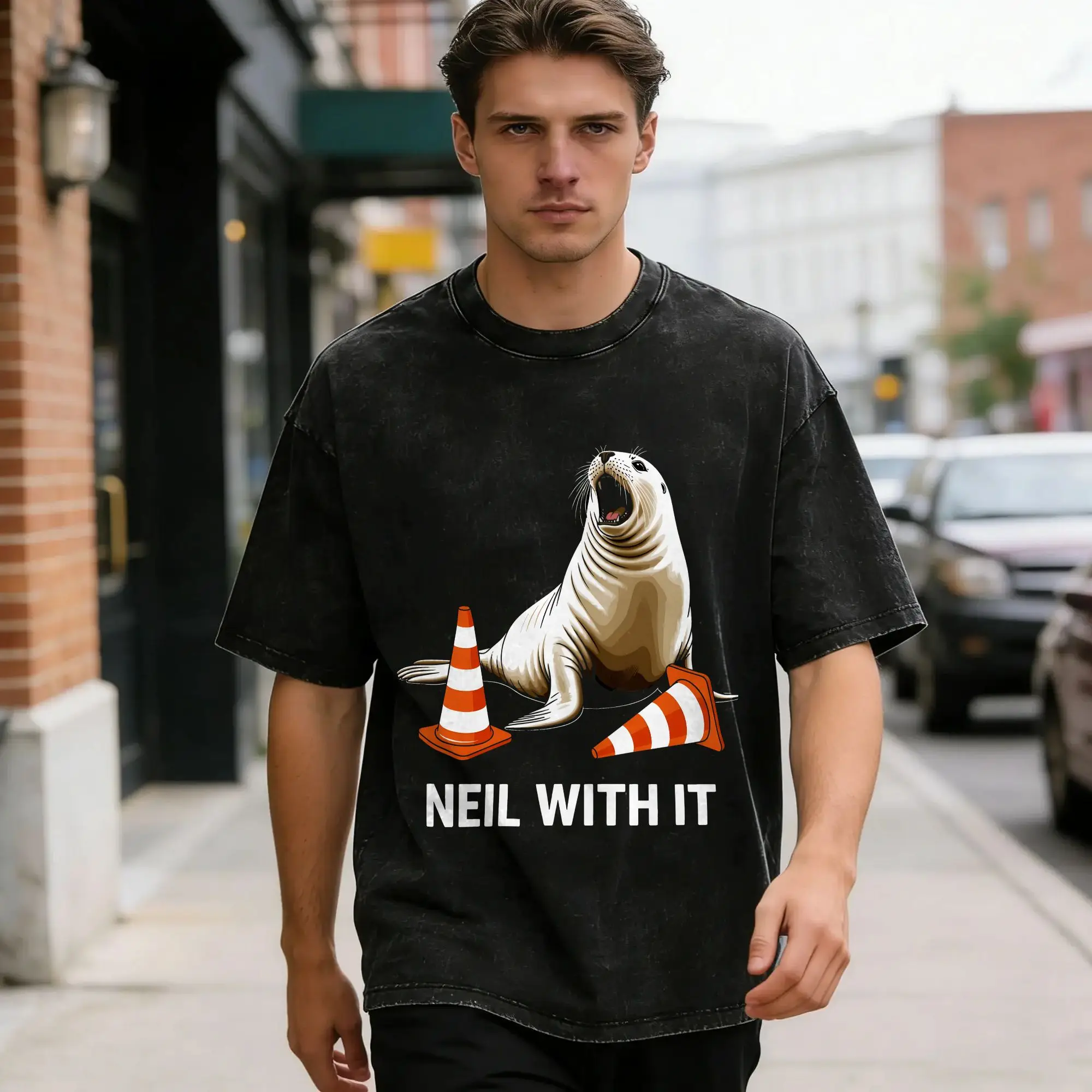 Harajuku Washed T-Shirt Neil the Seal  Cotton T-Shirts  Novelty Tee Shirt for Couple Summer Y2K Fun Print Clothes