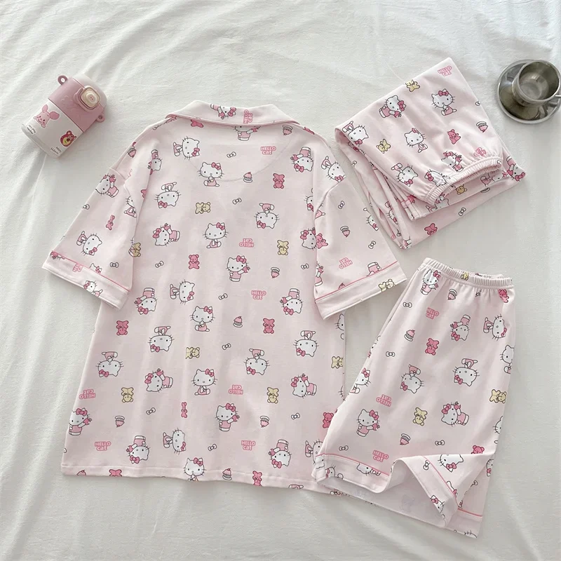 Sanrio\'s new Hello Kitty silk pajamas female cute cartoon pure cotton three-piece set loose and comfortable home pajamas