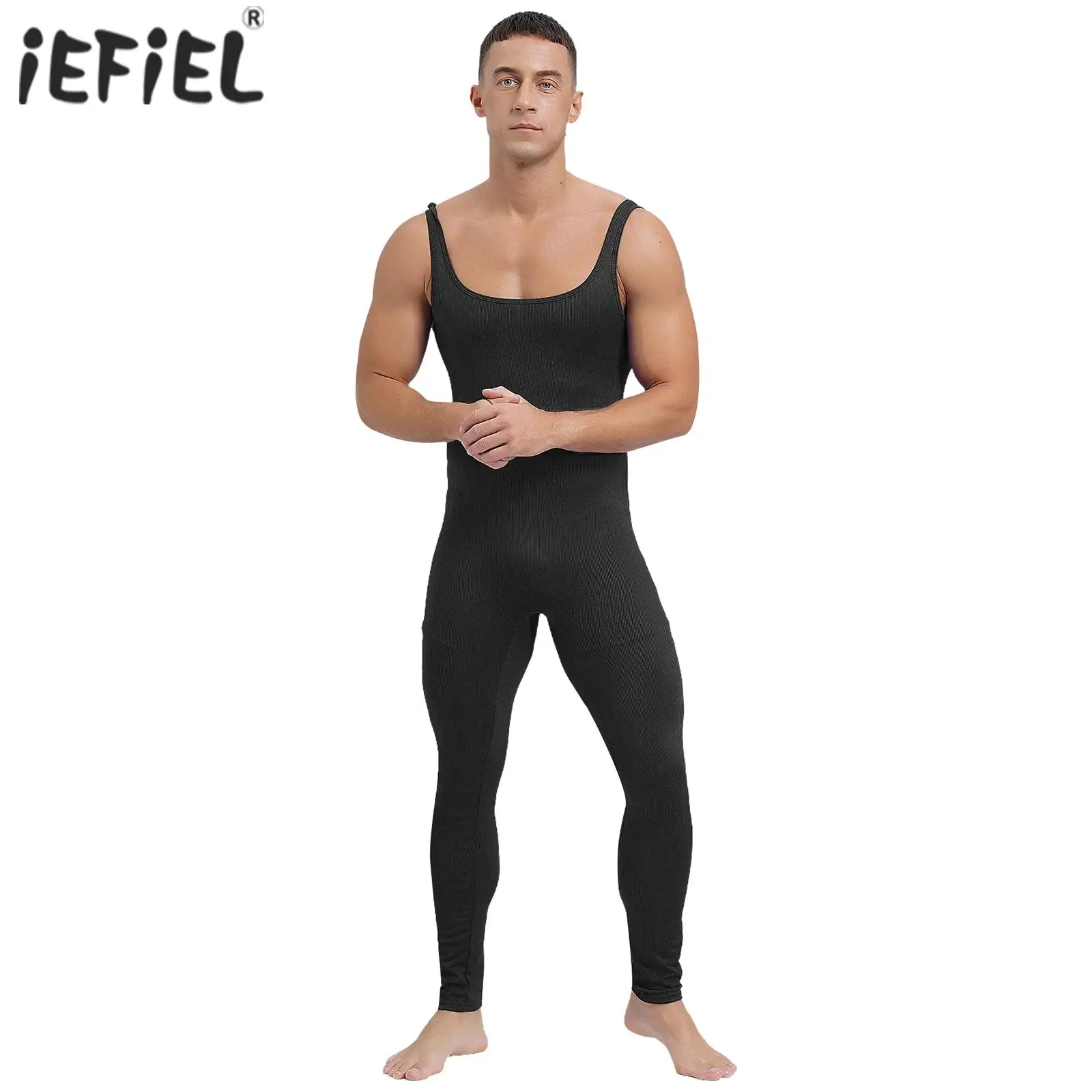 Mens Athletic Jumpsuit Gymnastics Leotard Square Neck Sleeveless Long Pants Rompers Solid Color Tank Unitard for Workout Fitness