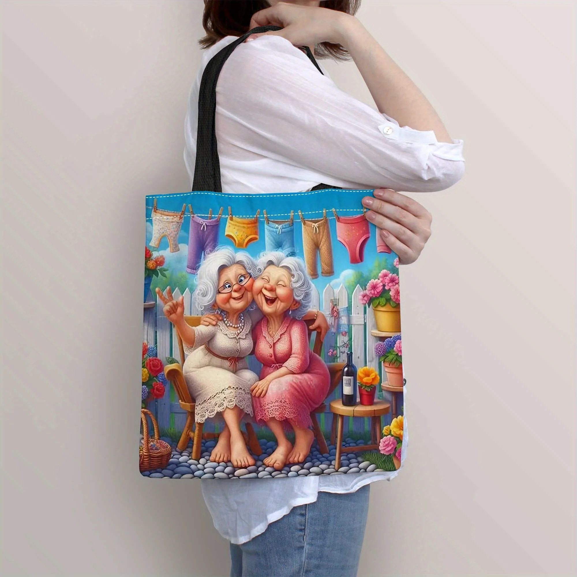 1pc チアフルなおばあちゃんトートバッグ - 笑顔の高齢女性を描いた鮮やかな漫画デザイン、旅行、スポーツ - 女性へのギフトに最適