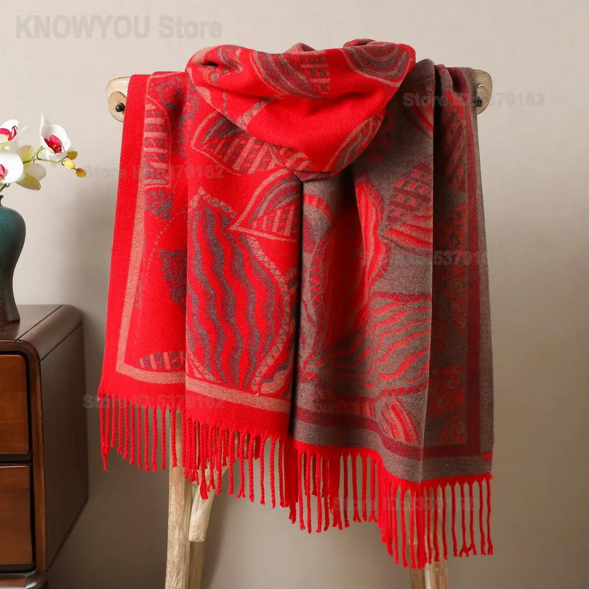 Women Vintage Jacquard Shawl Imitation Cashmere Wrap Tassel Fringe Long Thick Scarf Cape Warm Blanket for Autumn Winter Daily