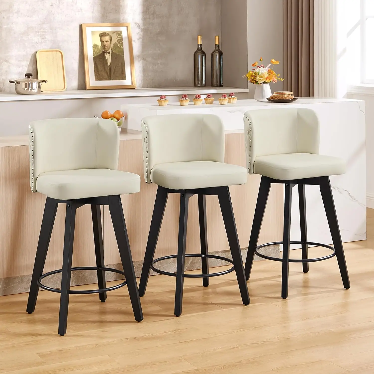 

360° Swivel Faux Leather Bar Stools with Back Arms Counter Height Kitchen Island 27.5in Set 3, Customized