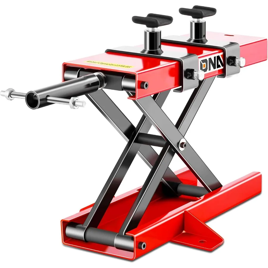 

Motorcycle Scissor Lift Jack Hoist Stand with Saddle and Pins for Easy Maintenance and Repair Work Supports Up to 1100lbs 500KG