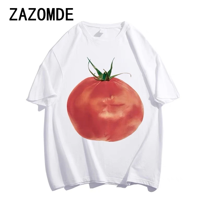 ZAZOMDE 2024 260g Tops Man Red Tomato Graphic Style T-shirts Streetwear Crop Top Aesthetic Gothic Harajuku Man Tees Vintage