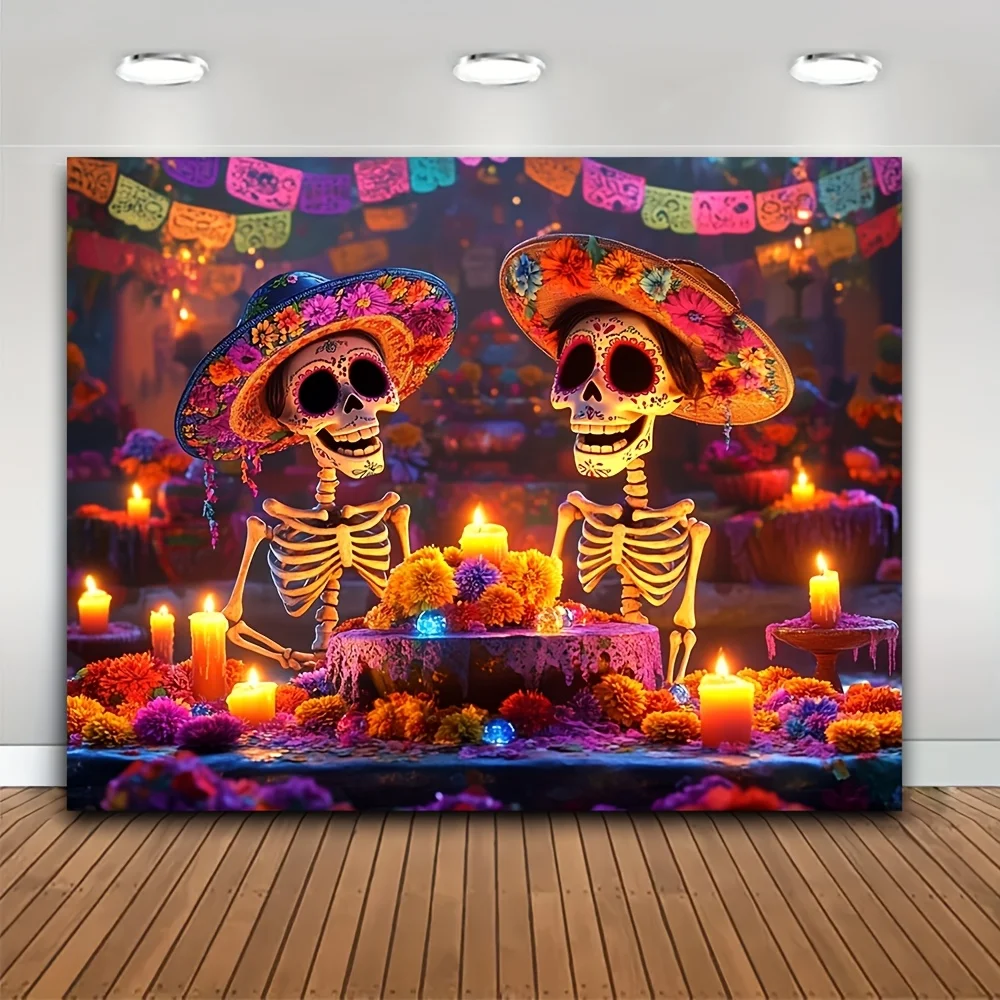 Hintergrundstoff „Day of the Dead Celebration“ – Zuckerschädel- und Ringelblumenmuster, Polyesterstoff, Festivalparty